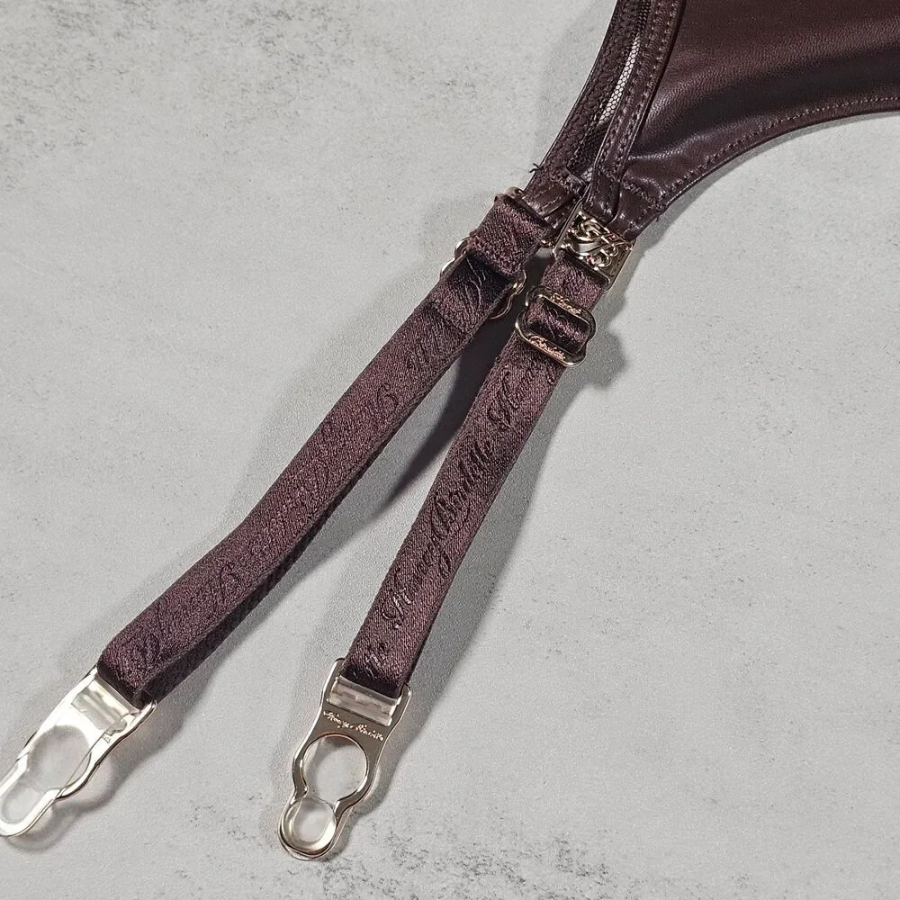 Honey Birdette Emily Deep Mahogany Faux Leather Suspender with Logo, Size L